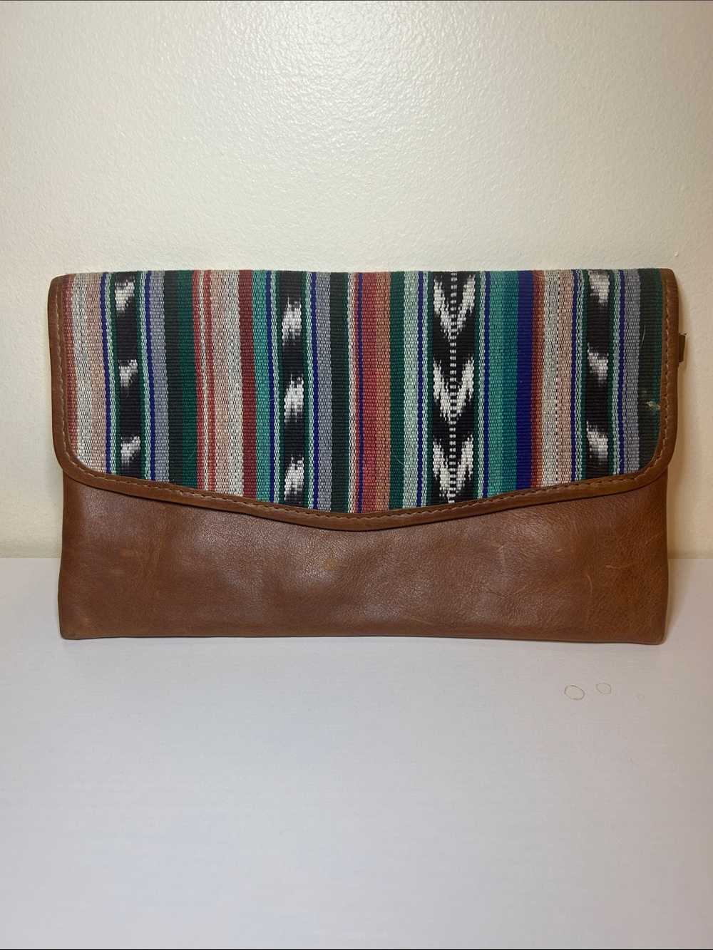 Nena & Co. Brown Leather & Multicolor Striped Woven Clutch